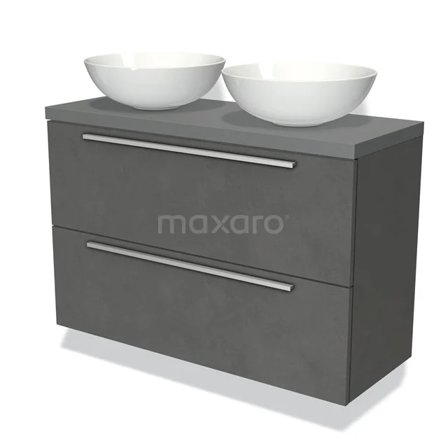 Grijze badkamermeubel met 2 witte opzetwastafels, moderne look, betonlook afwerking, ideaal voor stijlvolle badkamers.