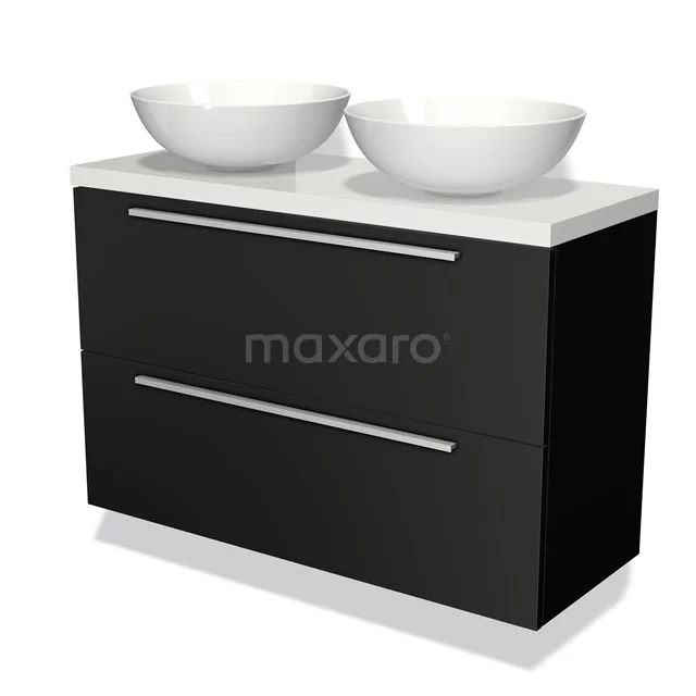 Zwarte badkamermeubelset met dubbele witte waskommen, eigentijds design en chromen grepen, ideaal voor een stijlvolle badkamer.