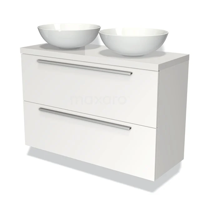 Weißes Badezimmermöbel mit zwei runden Aufsatzwaschbecken, minimalistisches Design und silberfarbene Haltegriffe für ein modernes Badezimmer.