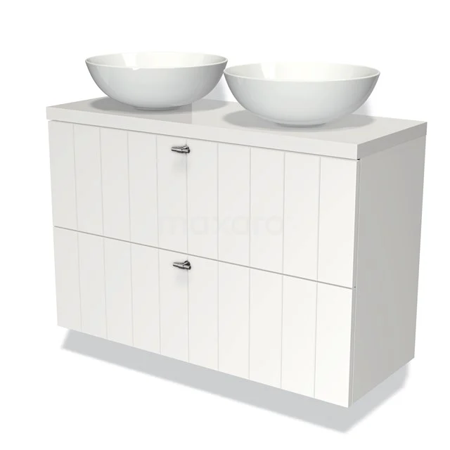 Wit badkamermeubel met twee ronde wastafels, houtlook panelen en metalen grepen, ideaal voor een moderne badkamerstijl.