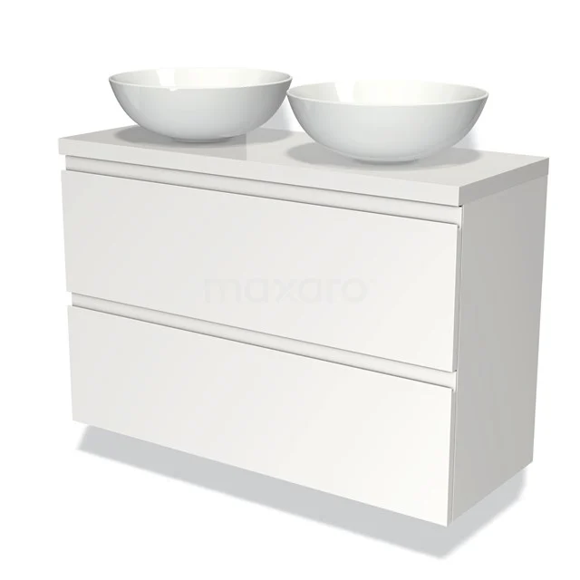 Waschtischunterschrank mit Konsole 100cm Modulo Plato Slim Matt Weiß 2 Schubladen Grifflos BMK37-01475 Weißes Badezimmermöbel mit doppeltem Waschbecken, modernes Design, glänzende Oberfläche, ideal für zeitgemäße Bäder.