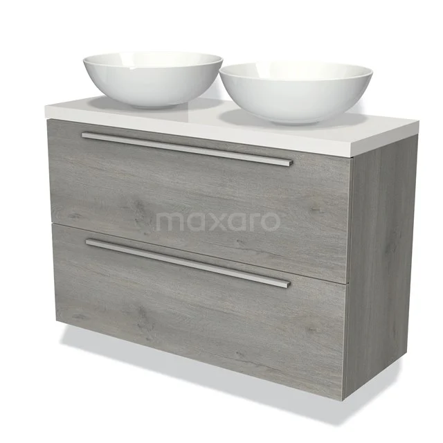 Dubbele wastafelmeubel van hout met grijze structuur, twee witte waskommen, modern badkamerdesign en royale opberglades.