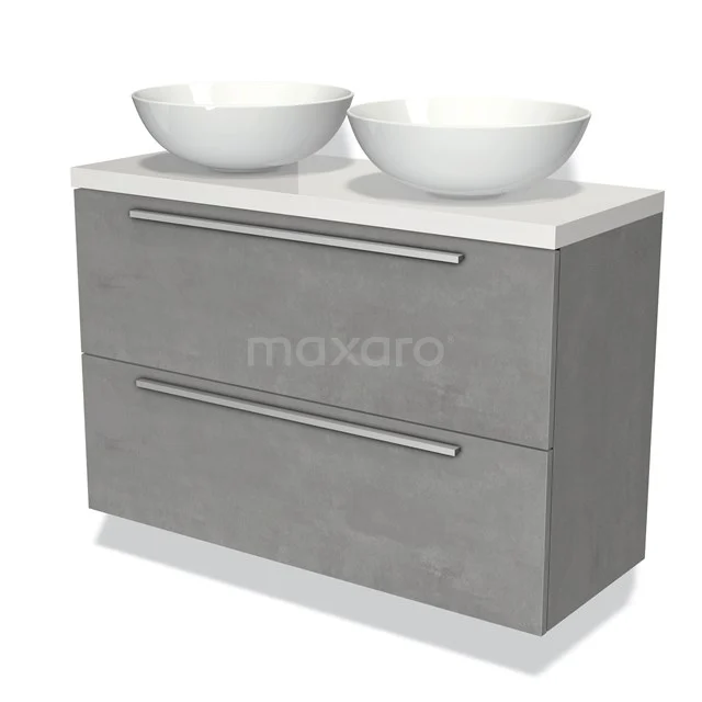 Grijze badkamermeubelset met dubbele witte waskom, strakke look en handgrepen, ideaal voor moderne badkamerstijl.