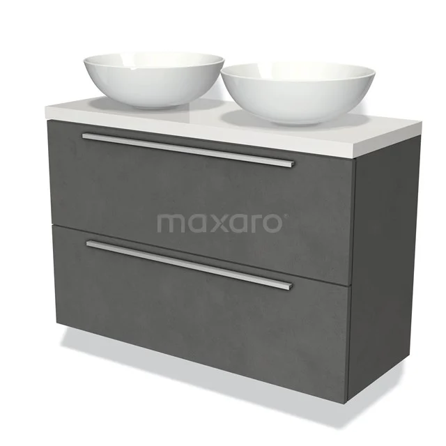 Grijze badkamermeubelset met dubbele waskom, modern design, mat oppervlak en ruime opberglades voor een stijlvolle badkamer.