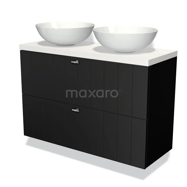 Zwart badkamermeubel met twee witte waskommen, modern design, mat afwerking en soft-close lades voor een stijlvolle badkamer.