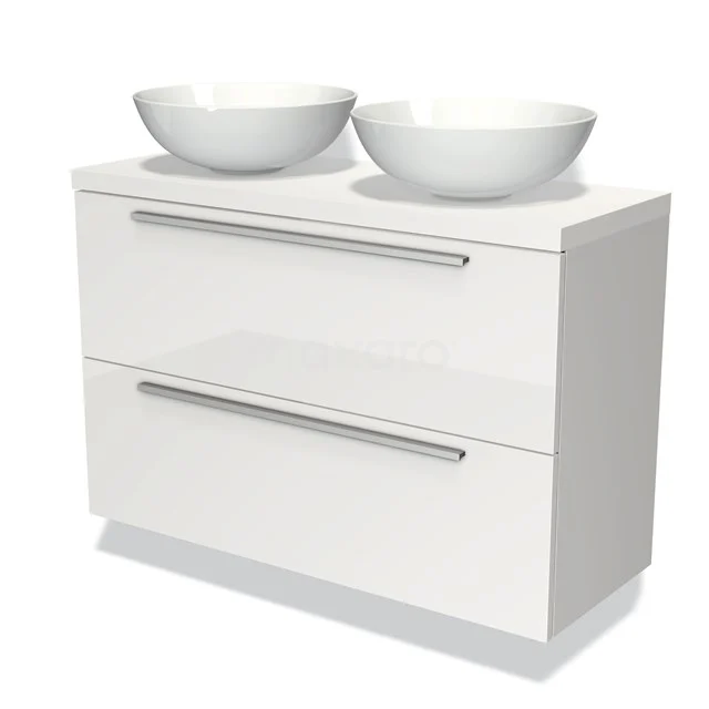 Weißes Badezimmermöbel mit doppelten Aufsatzwaschbecken, moderne Designschrank mit glänzender Oberfläche und praktischen Schubladen.