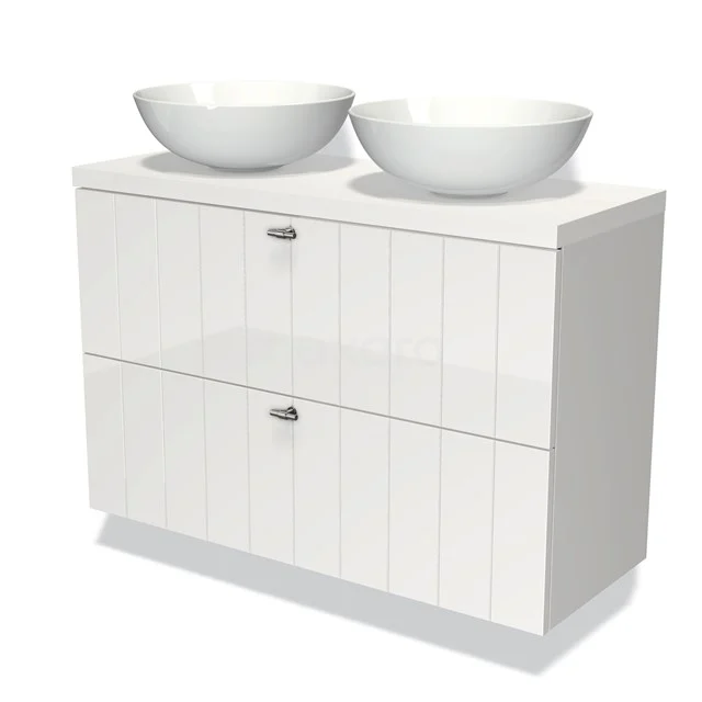 Weißes Badezimmermöbel mit doppeltem Aufsatzwaschbecken, modernes Design, Hochglanz-Oberfläche und gerippte Frontpaneele.