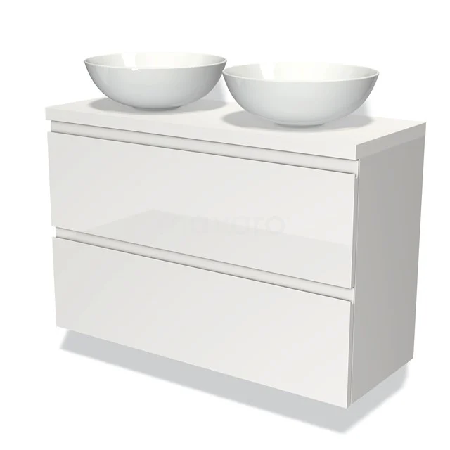 Weißes, modernes Badmöbel mit zwei keramischen Aufsatzwaschbecken und klarem Design, ideal für ein stilvolles und funktionales Badezimmer.