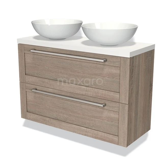 Wooden bathroom unit with two white vanity units for countertop wash basins, modern handles and sleek design for a stylish bathroom.