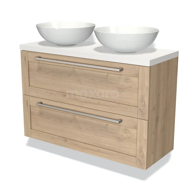 Holz Waschbeckenunterbau mit zwei Schubladen und doppelten Aufsatzwaschbecken, ideal für eine stilvolle und funktionale Badezimmergestaltung.