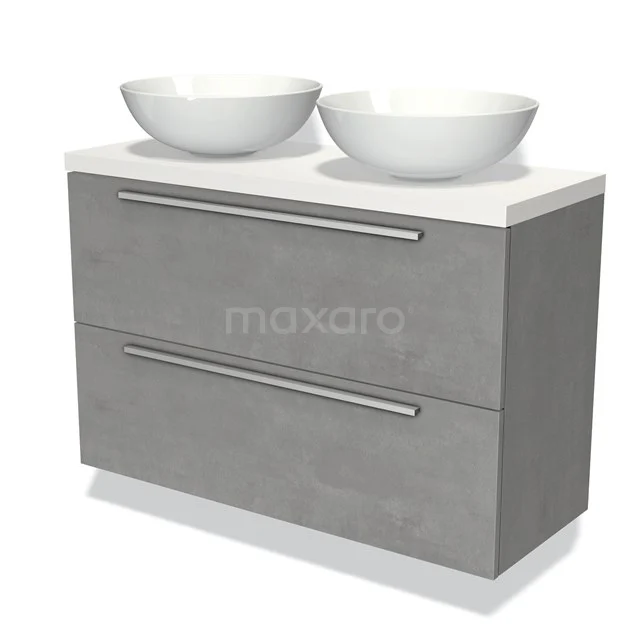 Grijs badkamermeubel met betoneffect, twee witte waskommen en twee lades. Modern design, ideaal voor een stijlvolle badkamer.