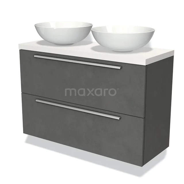 Grijze badkamermeubelset met dubbele witte waskommen, strak design en handgrepen, ideaal voor moderne badkamers.