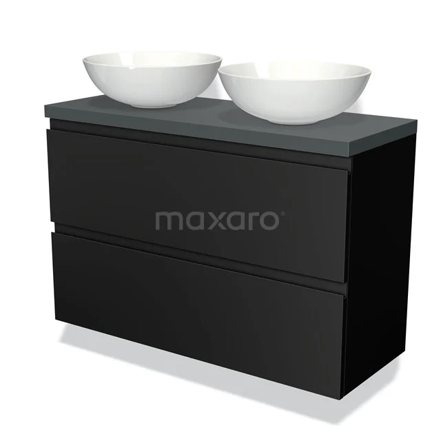 Zwart wastafelmeubel met matgrijze top en dubbele witte waskommen, perfect voor een moderne badkamer.