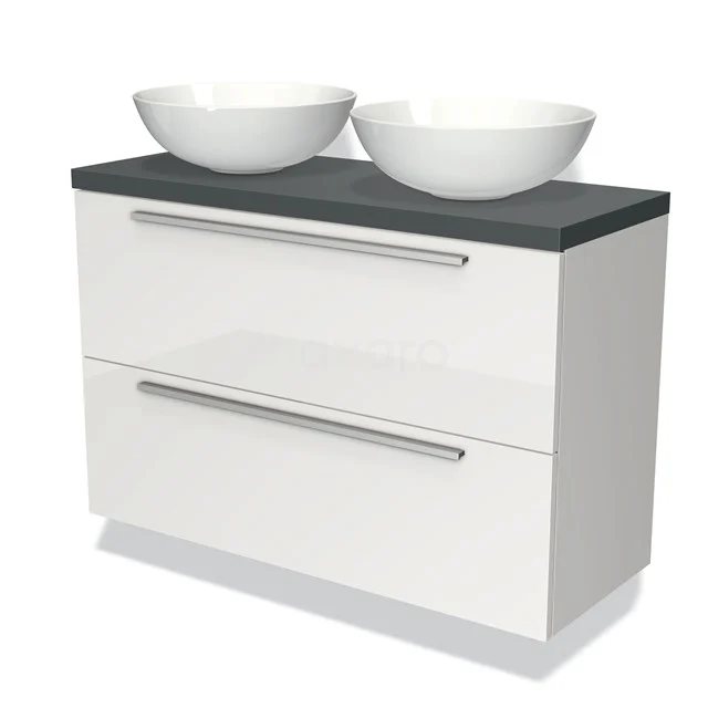 Wit badkamermeubel met zwarte bovenkant en dubbele ronde wasbakken, modern design en ruim opberggedeelte.