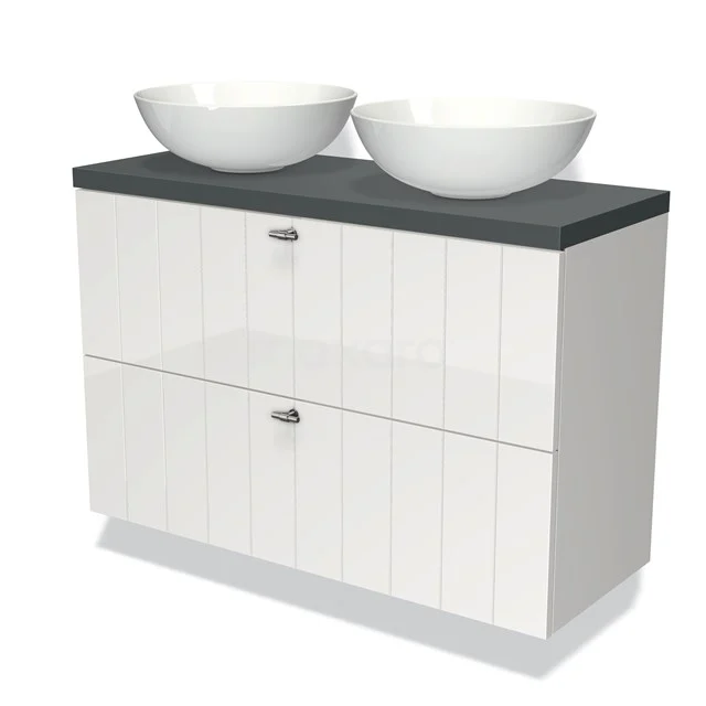 Weißes Badezimmermöbel mit schwarzer Platte und zwei runden Aufsatzwaschbecken, modernes Design mit geräumigen Schubladen.