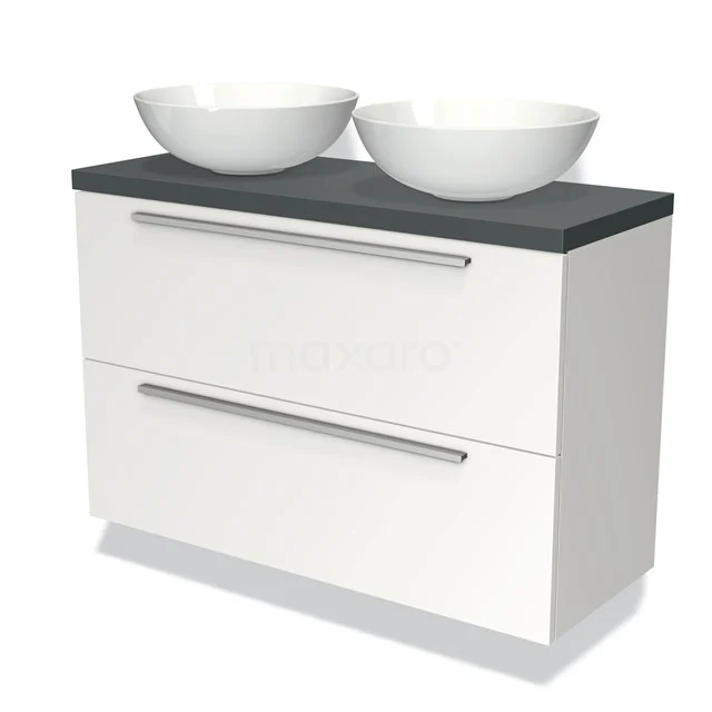 Wit badkamermeubel met dubbele keramische waskommen en zwart werkblad, modern design met metalen handgrepen.