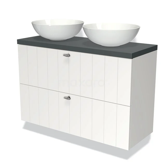 Weiße Doppelwaschbeckenmöbel mit schwarzer Steinplatte, zwei ovale Aufsatzwaschbecken und modernen horizontalen Paneelen für das Badezimmer.