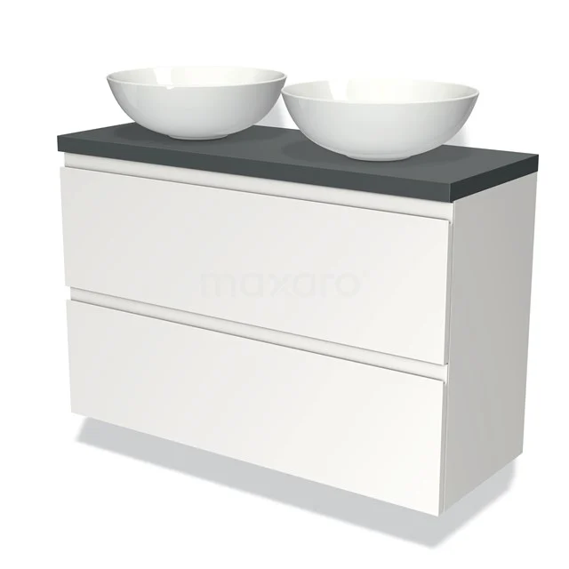 Weißes Badezimmermöbel mit zwei runden Waschbecken und grauer Platte, modernes Design, ideal für stilvolle Badezimmer.