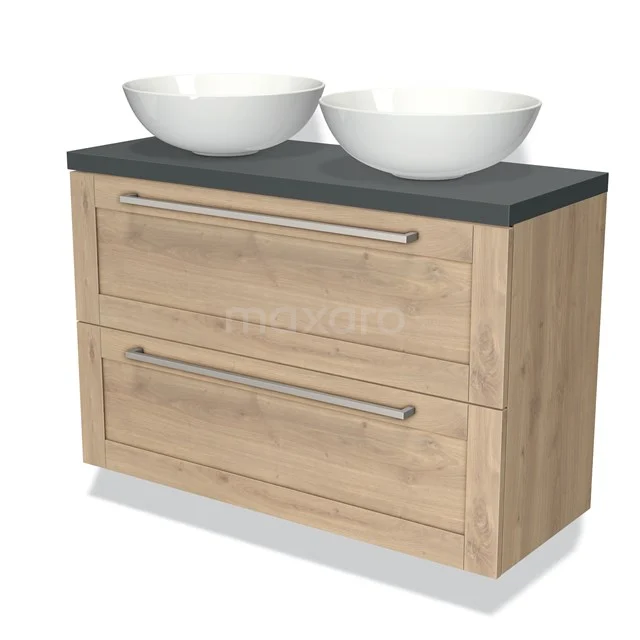 Wooden bathroom unit with two white countertop wash basins and dark worktop, modern design with soft-close drawers.