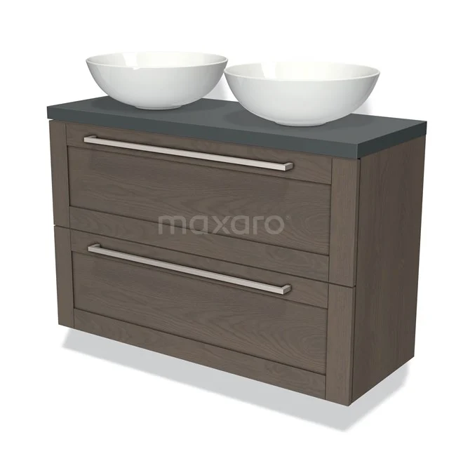 Wooden bathroom unit with dark grey worktop, two white ceramic countertop wash basins and double drawers with metal handles.