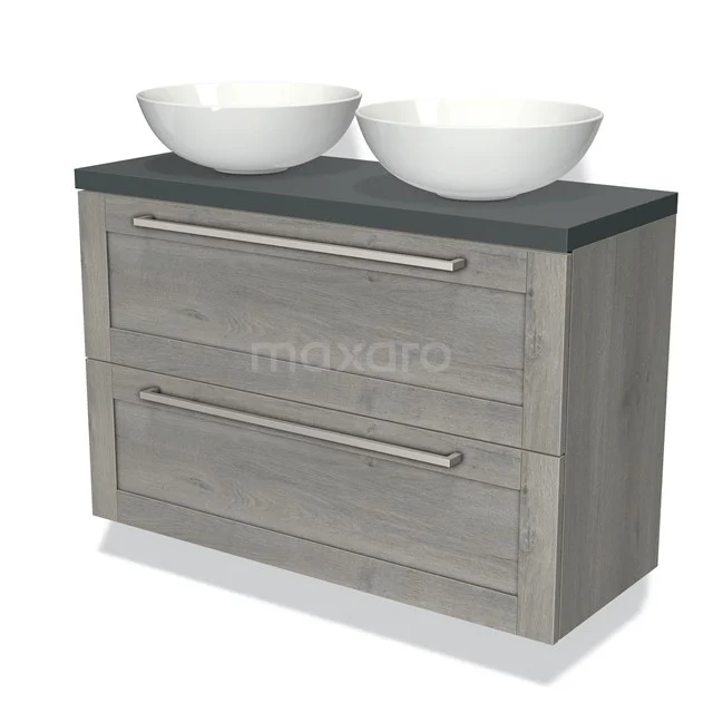 Grey wooden vanity unit with double white worktop, anthracite worktop and two spacious drawers, ideal for a stylish bathroom.