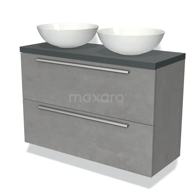 Grijze badkamermeubelset met twee witte waskommen, ruime lades en een donkere betonnen look voor moderne badkamers.