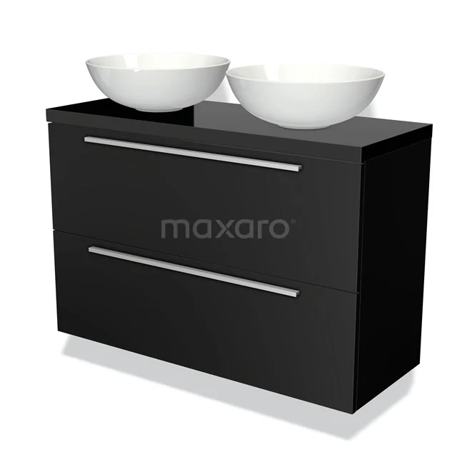 Zwarte wastafelmeubelset met twee witte ronde waskommen, strak design en moderne uitstraling, perfect voor elke badkamer.