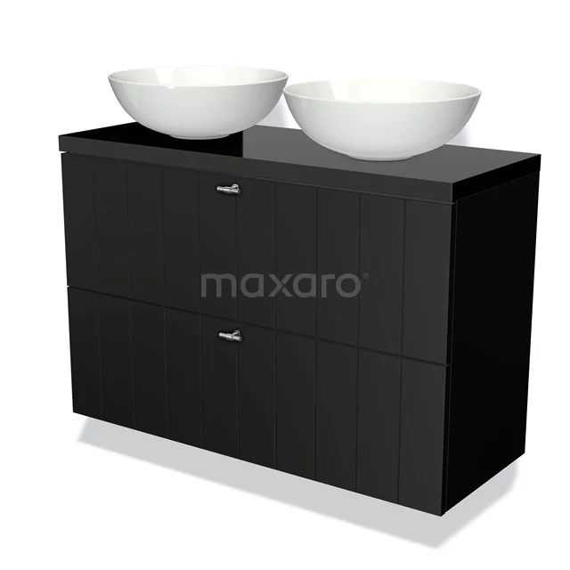 Zwarte badkamermeubelset met twee ronde witte wastafels, hoogglans afwerking, modern design en praktische opberglades.