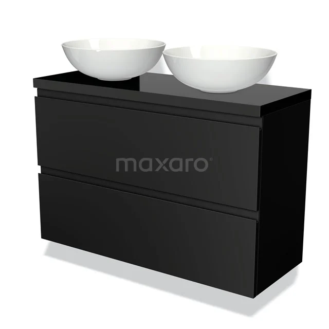 Zwarte badkamermeubelset met hoogglans finish, dubbele witte waskommen en strak design; ideaal voor een moderne badkamer inrichting.
