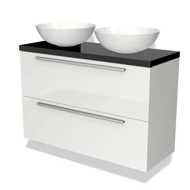 Weiße Badmöbelset mit zwei runden Waschbecken, Hochglanzoberfläche und schwarzer Platte, ideal für moderne Badezimmer.