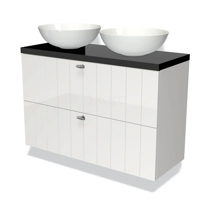 Wit badkamermeubel met dubbele wastafelkommen, zwart blad en twee ruime lades, modern ontwerp van hoogglans gelakt MDF.