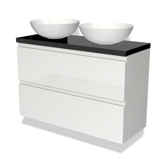 Wit badkamermeubel met dubbele ronde wastafel en zwart blad, modern design van gelakte MDF, perfect voor luxe badkamers.