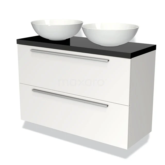 Wit badkamermeubel met zwarte bovenplaat en twee ronde wastafels, strak design met metalen handgrepen.