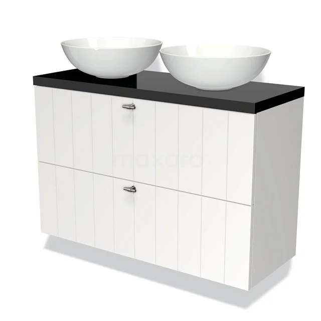 Wit badkamermeubel met twee ronde keramische wastafels, zwart blad en gestreepte kastfronten, ideaal voor moderne badkamerontwerpen.