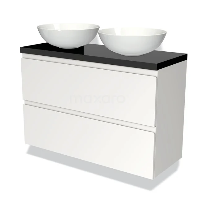 Wit dubbel wastafelmeubel met zwart blad en ronde wastafels, strak design ideaal voor moderne badkamerstijl.