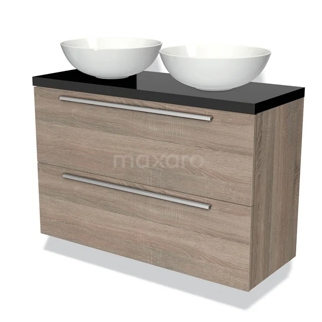 Houten badkamermeubel met dubbele wastafel, zwarte blad, ladegrepen van metaal, perfect voor moderne badkamers.