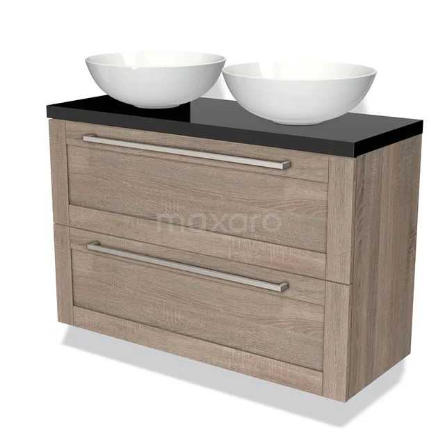 Modern wooden bathroom furniture set with black worktop, double basin and two spacious drawers for smart bathroom storage.