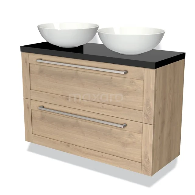 Modulo Plato Slim Vanity units for countertop basin | 100 cm Light brown oak Bordered front High-gloss black worktop 2 Stacked drawers BMK37-01574 Bathroom unit wood-look with two white countertop wash basins, black stone worktop and silver handles, modern and stylish design.