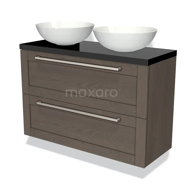 Modulo Plato Slim Vanity units for countertop basin | 100 cm Dark brown oak Bordered front High-gloss black worktop 2 Stacked drawers BMK37-01578 Wooden bathroom unit with two white countertop basins and a dark top, ideal for a modern bathroom.