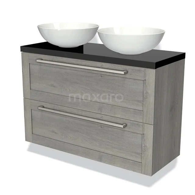 Houten badkamermeubel met twee lades, zwart blad en dubbele witte waskommen, ideaal voor moderne badkamerinrichting.