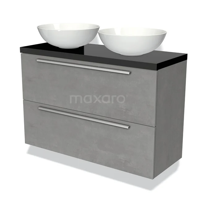 Modulo Plato Slim Badmöbel mit Aufsatzwaschbecken | 100 cm Hellgrauer Beton Flach front Hochglanz Schwarz blatt 2 übereinanderliegende Schubladen BMK37-01581 Graue Badmöbel mit schwarzer Platte, zwei weißen keramischen Aufsatzwaschbecken und klar gestalteten Aluminium Haltegriffen.