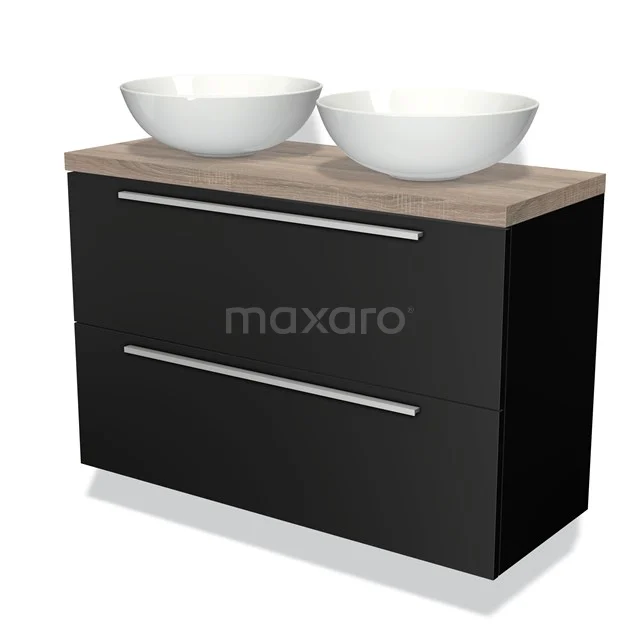 Zwart badkamermeubel met houtlook blad, dubbele wastafel en twee brede lades; modern design voor eigentijdse badkamers.