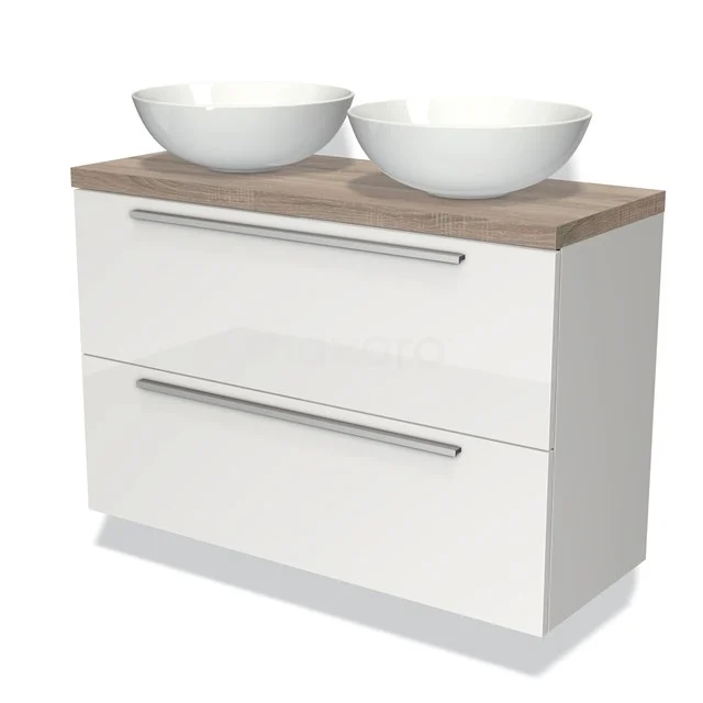 Weißes Badezimmermöbel mit Holzlook Platte, zwei runden Aufsatzwaschbecken und chromatischen Griffen, ideal für moderne Bäder.
