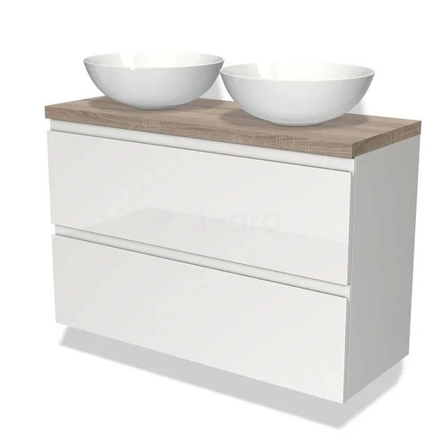 Wit badkamermeubel met houtlook blad en twee ronde opzetwaskommen, perfecte combinatie van modern design en functionaliteit.