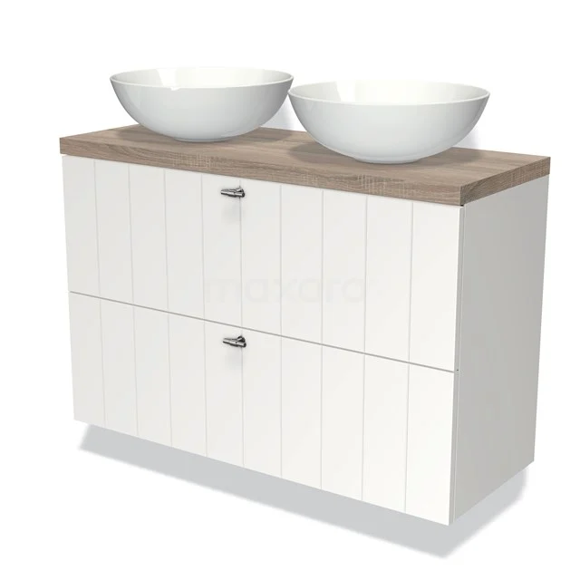 Witte badkamermeubelset met houtlook blad, dubbele ronde waskommen en verticale paneelstructuur voor stijl en functionaliteit.