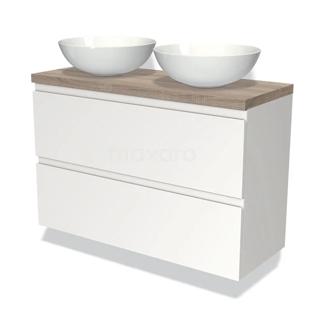 Weißes Badezimmermöbel mit Holzplatte, zwei runden Aufsatzwaschbecken und zwei Schubladen; schlichtes Design, ideal für moderne Bäder.