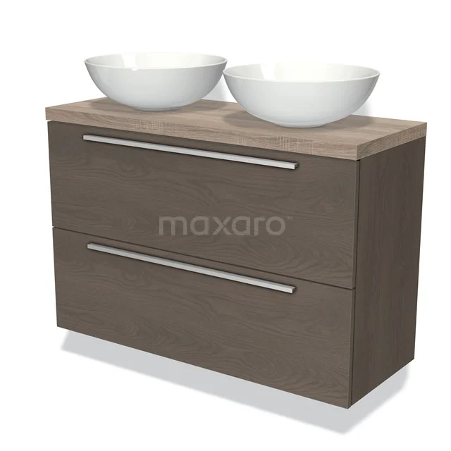 Houten badkamermeubel met twee wastafels, modern design, donkerbruin eikenhout, dubbele lades en chromen grepen.