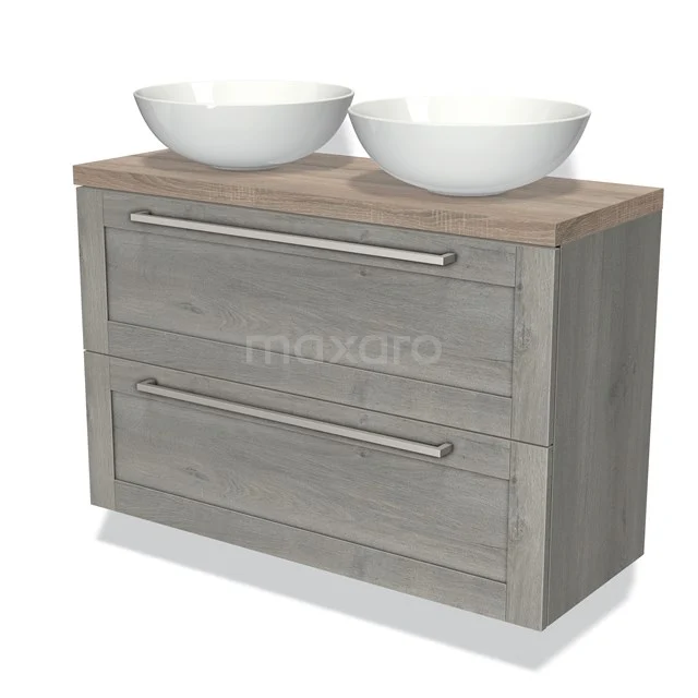 Houten badkamermeubel met grijze laden, dubbele witte waskommen en chroom grepen, ideaal voor moderne badkamers.