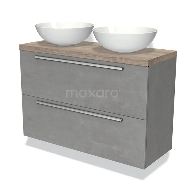 Grijs stenen badkamermeubel met twee witte ronde waskommen en houtlook blad, modern design voor een stijlvolle badkamer.