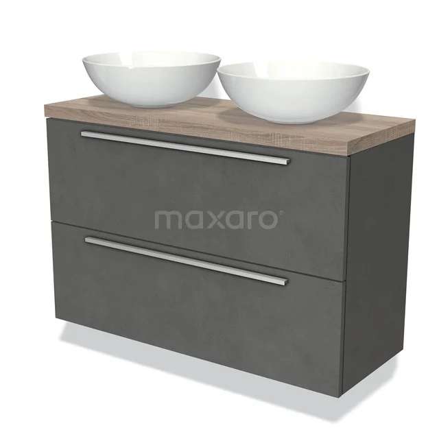 Dubbele wastafelmeubel grijs betonlook met houtblad, inclusief twee ronde witte waskommen, ideaal voor moderne badkamers.